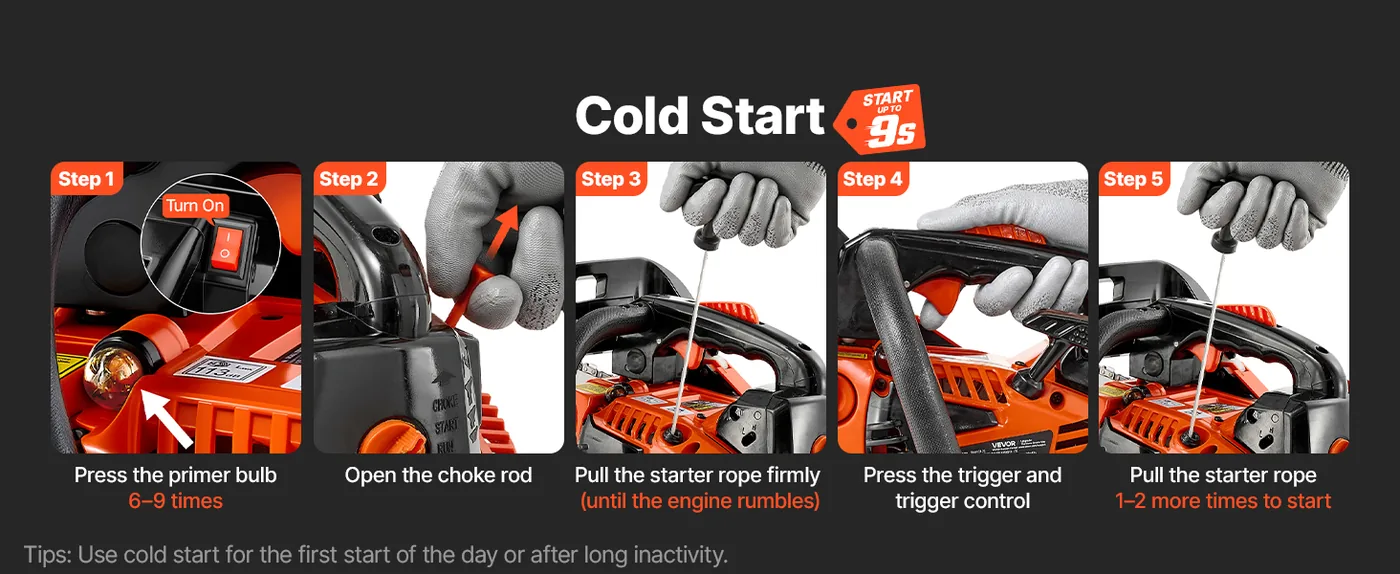 VEVOR 12 in 25.4cc Gas Chainsaw 1HP Warm Start