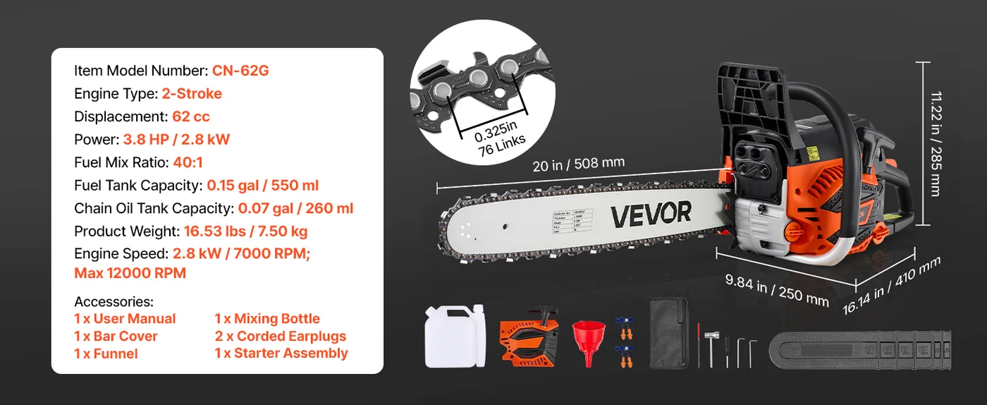 VEVOR 20 in 62cc Gas Chainsaw 3.8HP 40% Faster Cutting