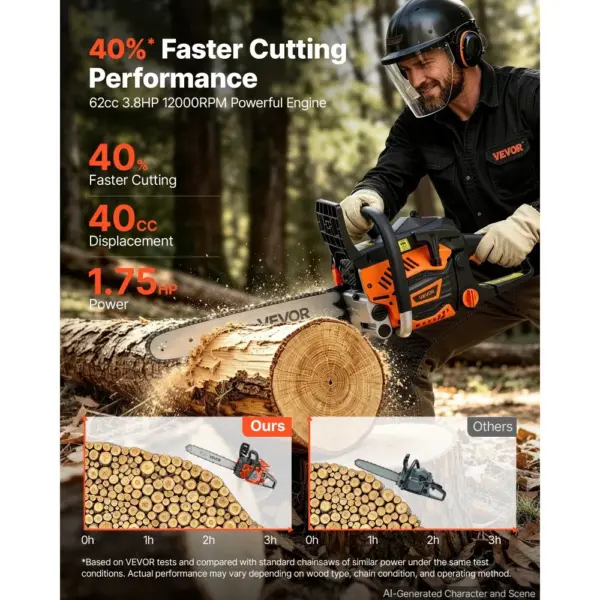 VEVOR 16-inch gas chainsaw cutting firewood outdoors