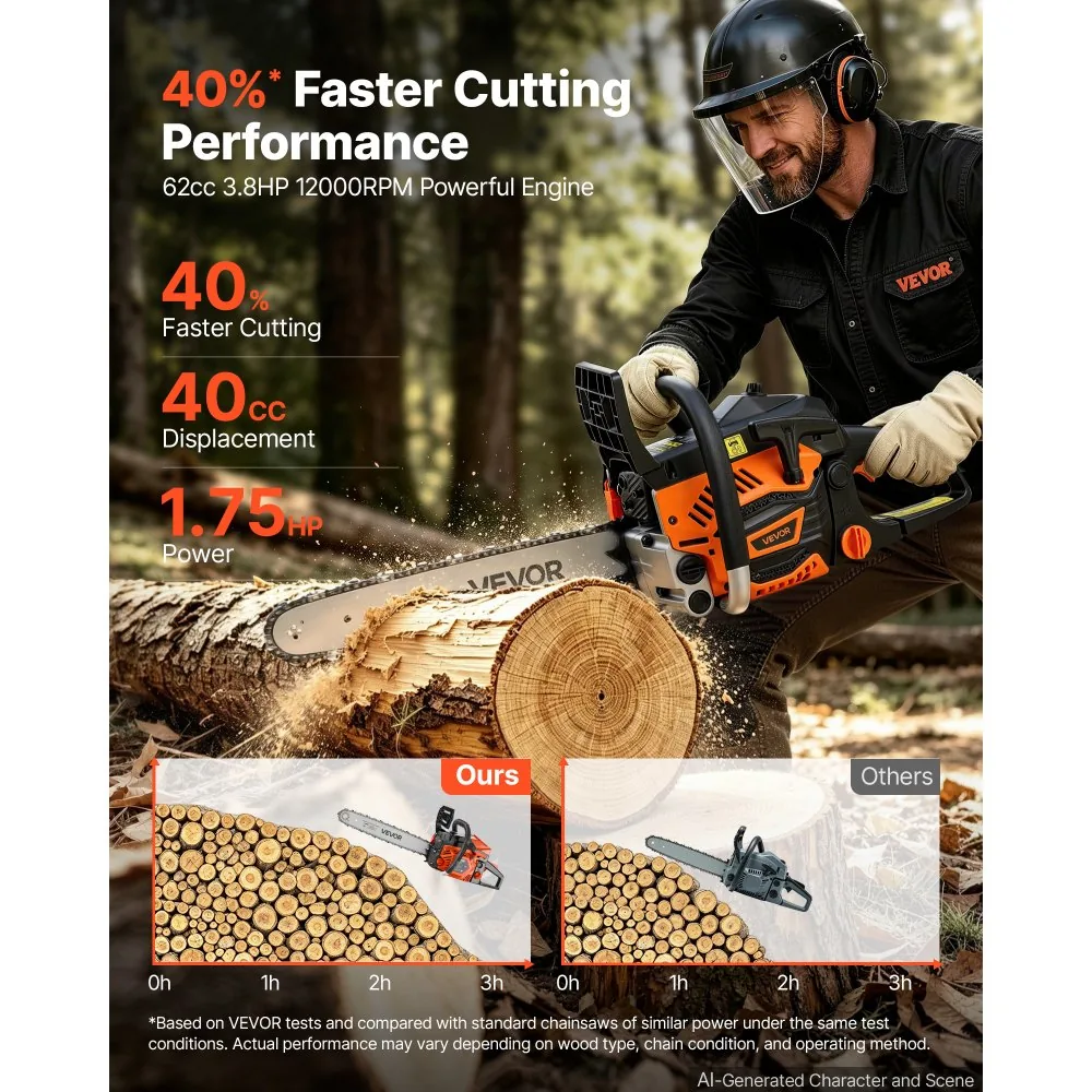 VEVOR 16-inch gas chainsaw cutting firewood outdoors