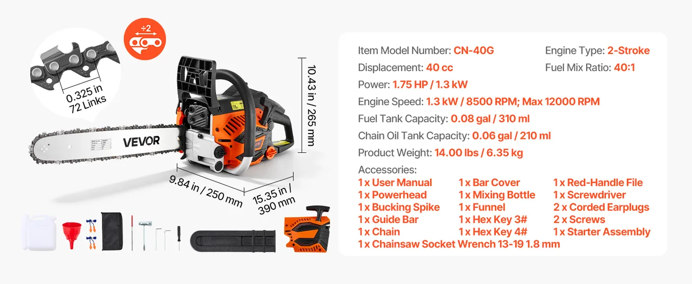 VEVOR 16 in 40cc Gas Chainsaw 1.75HP 40% Faster Cutting