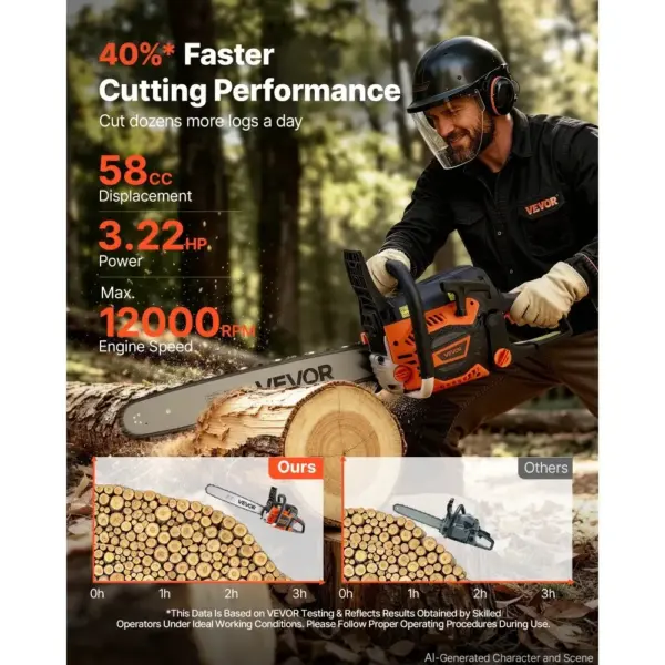 VEVOR 20-inch gas chainsaw cutting firewood outdoors