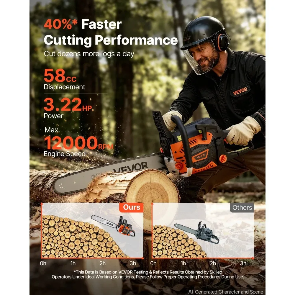 VEVOR 20-inch gas chainsaw cutting firewood outdoors