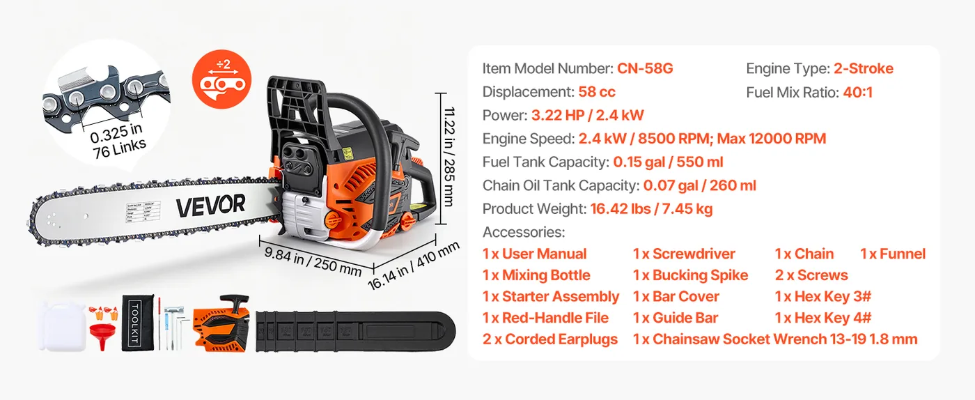 VEVOR 20 in 58cc Gas Chainsaw 3.22HP 40% Faster Cutting