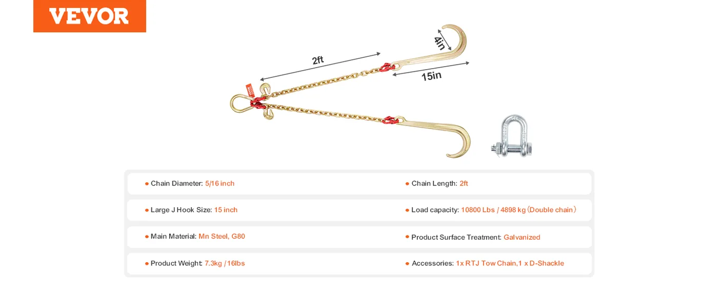 VEVOR G80 V Bridle Chain 1 Pack 2 ft Large J Hook+Grab Hook feature 5