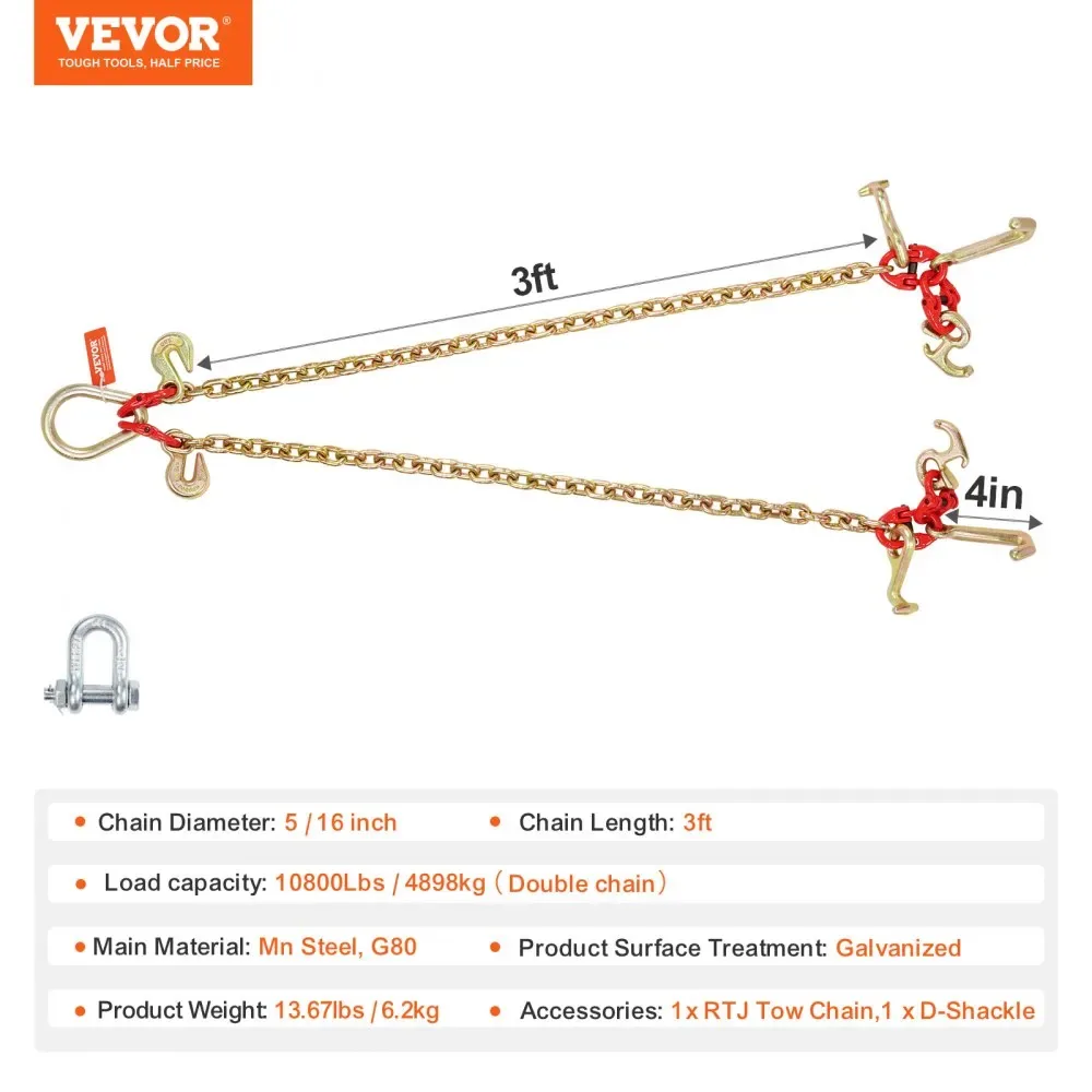 VEVOR G80 V Bridle Chain 1 Pack 3 ft R Hook+T Hook+Small J H product image 7