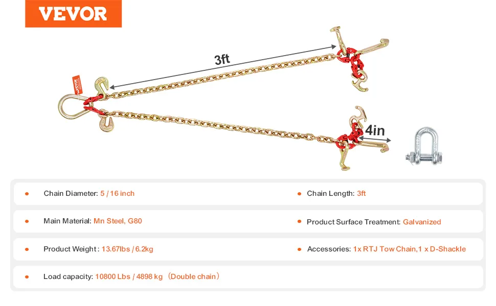 VEVOR G80 V Bridle Chain 1 Pack 3 ft R Hook+T Hook+Small J H feature 5