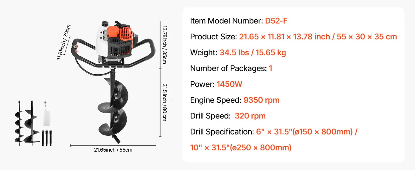 VEVOR Gas Powered Post Hole Digger 52cc+6 inch+10 inch feature 5