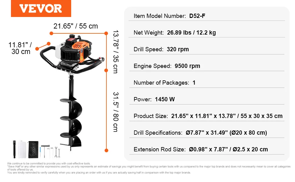 VEVOR Post Hole Digger Gas Powered 52cc+8 inch feature 5