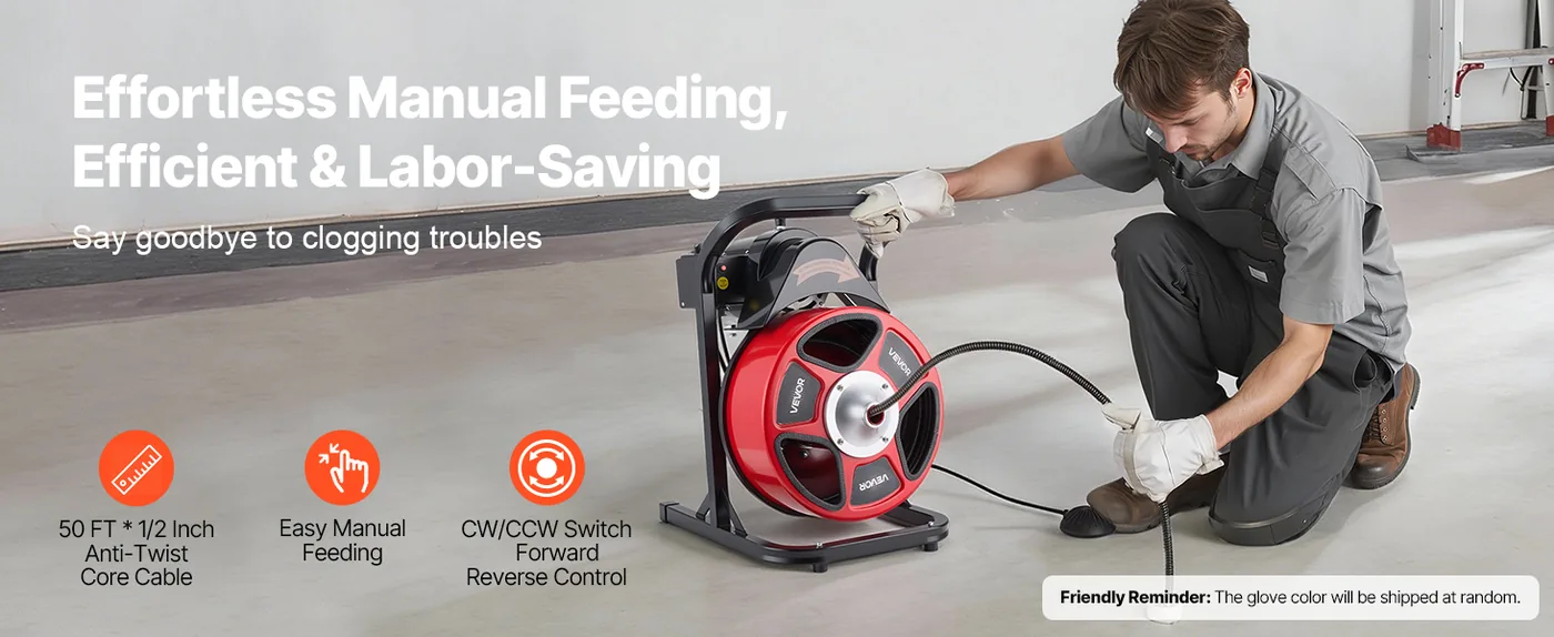 VEVOR Drain Cleaner Machine 50 FT x 1/2 Inch No Wheel overview