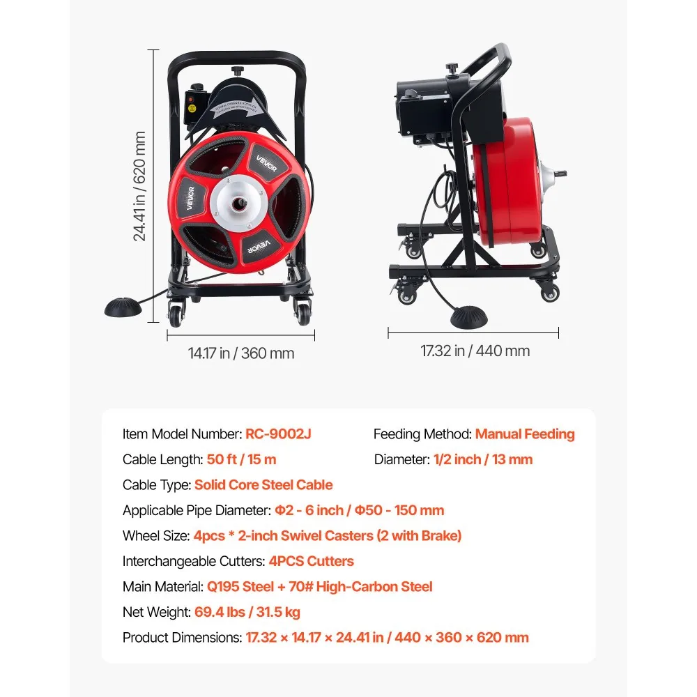 VEVOR Drain Cleaner Machine 50 FT x 1/2 Inch With Wheels product image 7