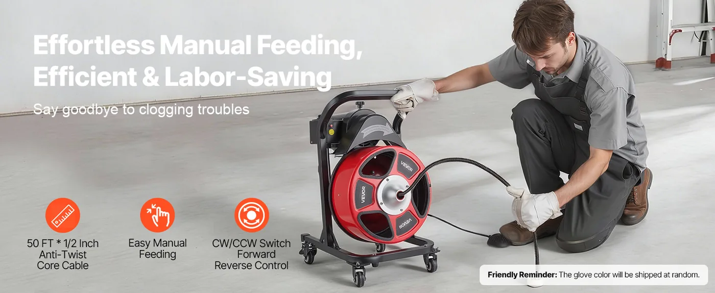 VEVOR Drain Cleaner Machine 50 FT x 1/2 Inch With Wheels overview