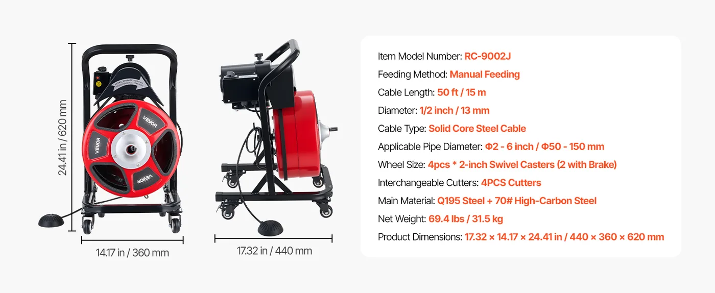 VEVOR Drain Cleaner Machine 50 FT x 1/2 Inch With Wheels feature 5