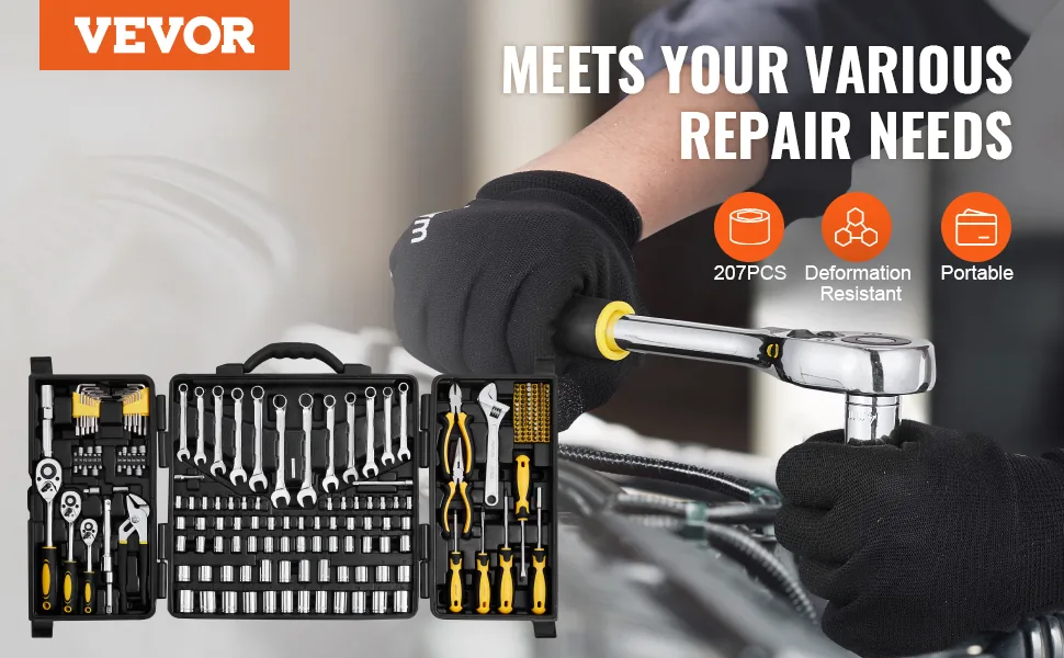 VEVOR 207-Piece Mechanics Tool Set 207 Pcs 1/4", 3/8", 1/2" overview