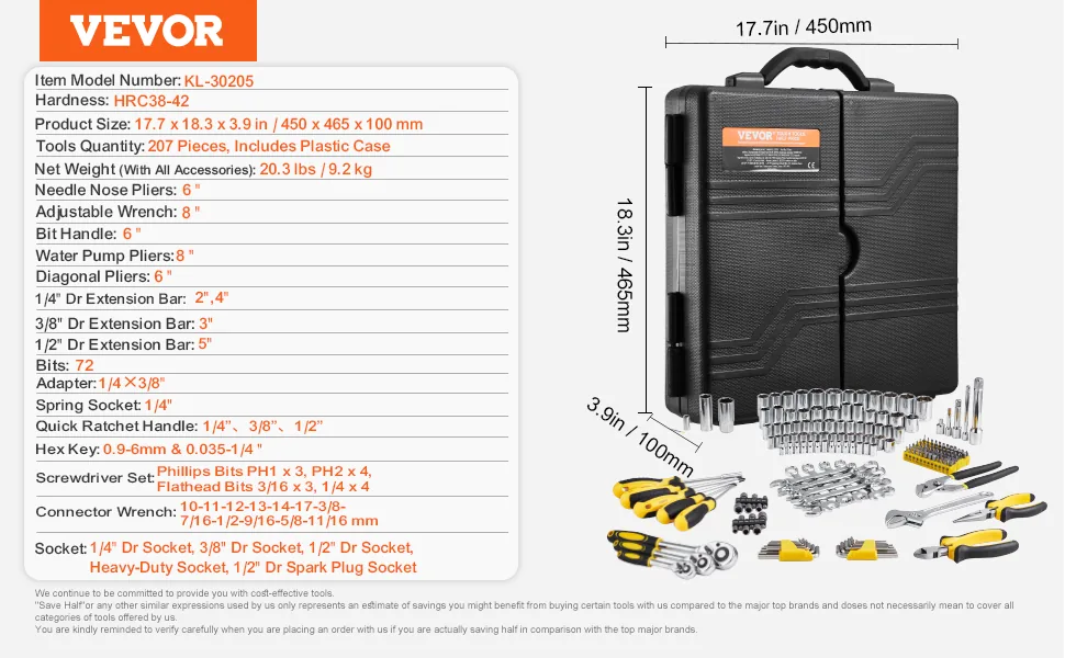 VEVOR 207-Piece Mechanics Tool Set 207 Pcs 1/4", 3/8", 1/2" feature 5
