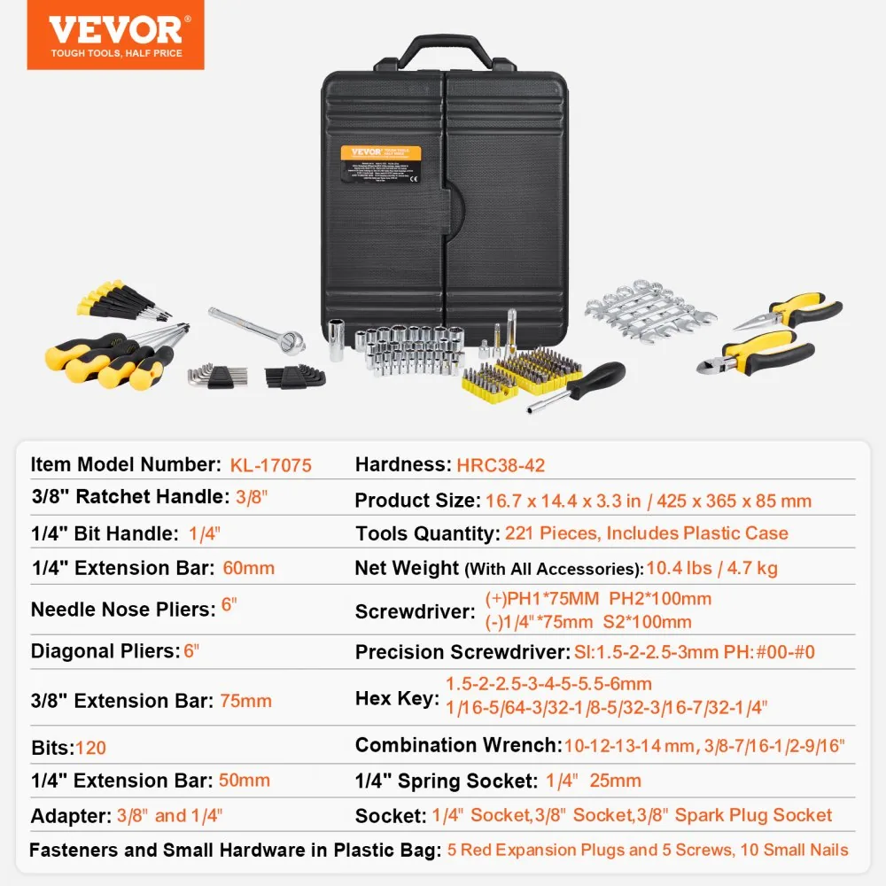 VEVOR 221-Piece Mechanics Tool Set 221 Pcs 1/4", 3/8" product image 7