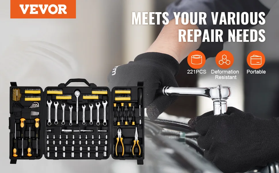VEVOR 221-Piece Mechanics Tool Set 221 Pcs 1/4", 3/8" overview