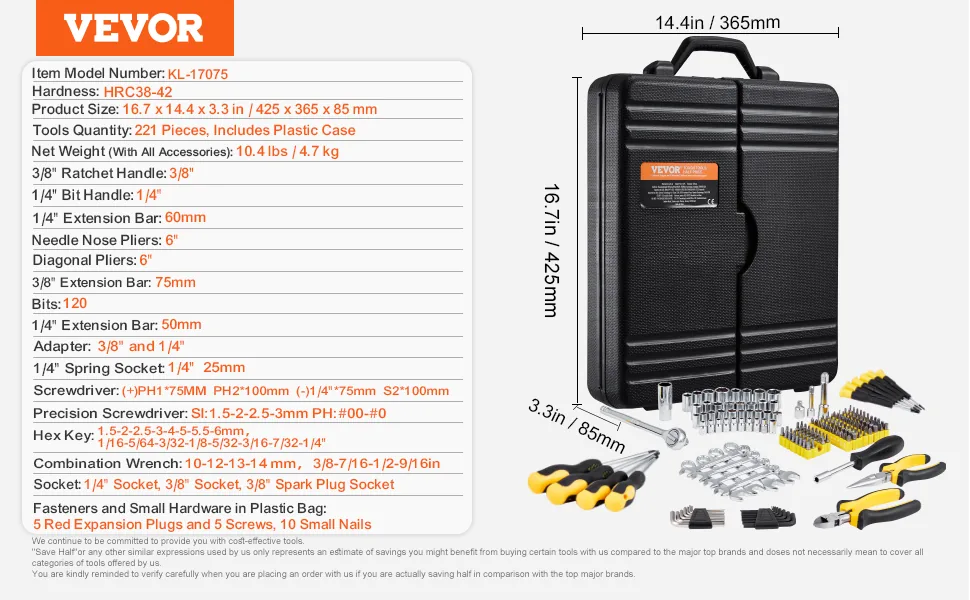 VEVOR 221-Piece Mechanics Tool Set 221 Pcs 1/4", 3/8" feature 5