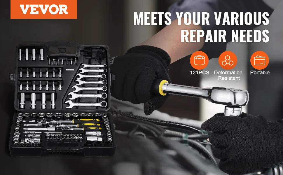 VEVOR 121-Piece Mechanics Tool Set 121 Pcs 1/4", 3/8", 1/2" overview