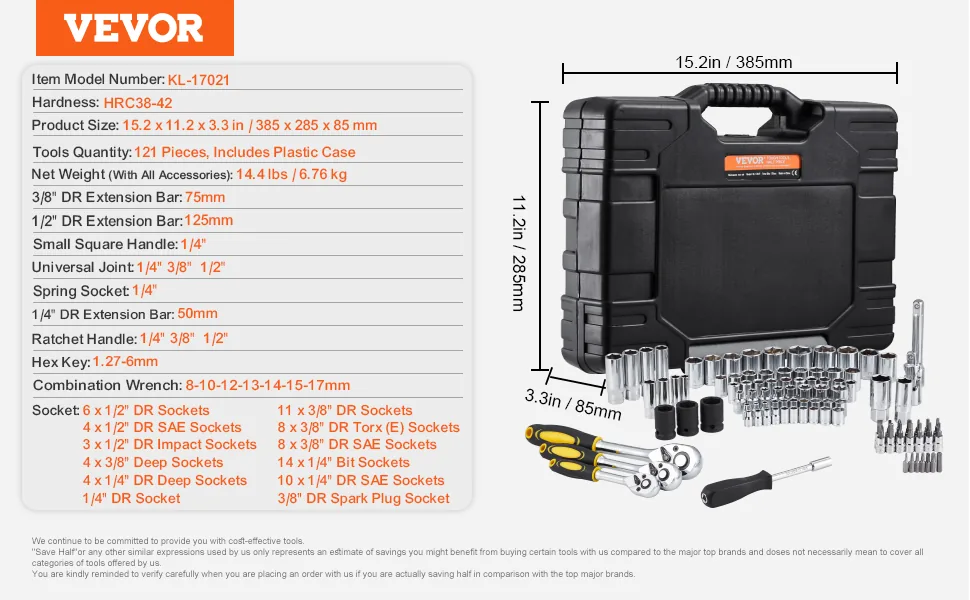 VEVOR 121-Piece Mechanics Tool Set 121 Pcs 1/4", 3/8", 1/2" feature 5