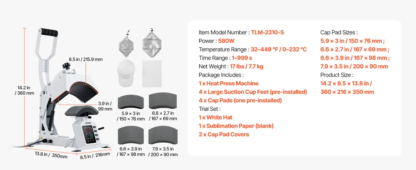 VEVOR Hat Heat Press Machine 4-in-1 White feature 1