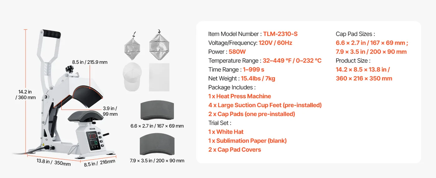 VEVOR Hat Heat Press Machine 2-in-1 White feature 1