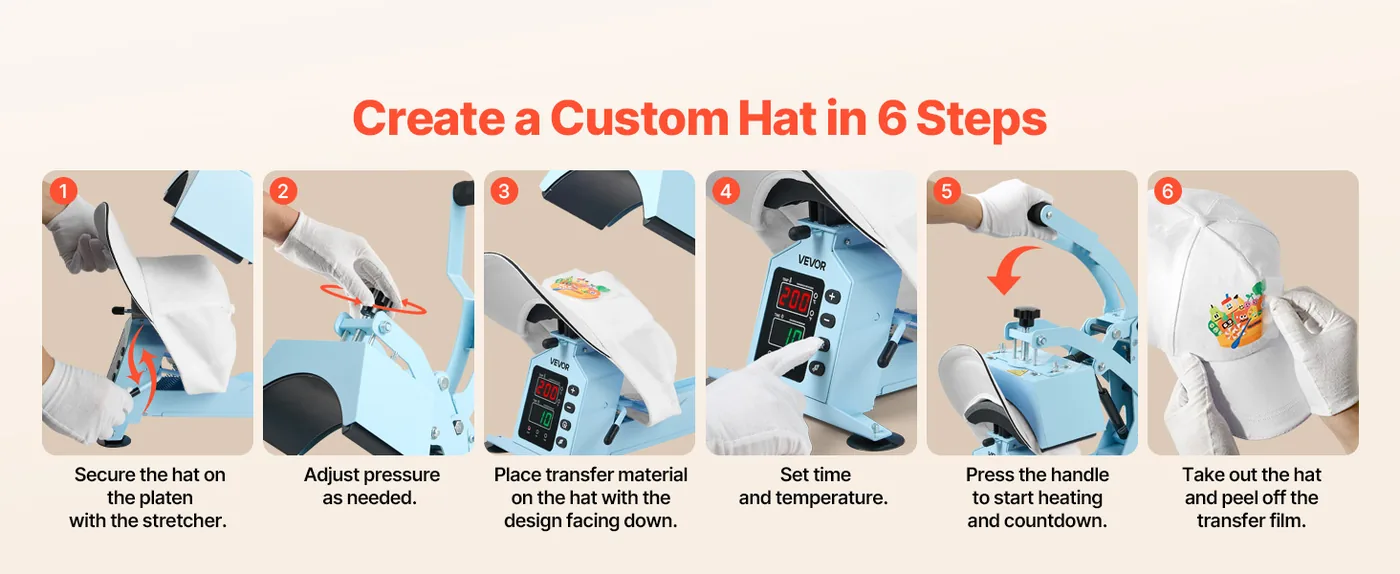VEVOR Hat Heat Press Machine 4-in-1 Light Blue Easy Operation in 6 Steps
