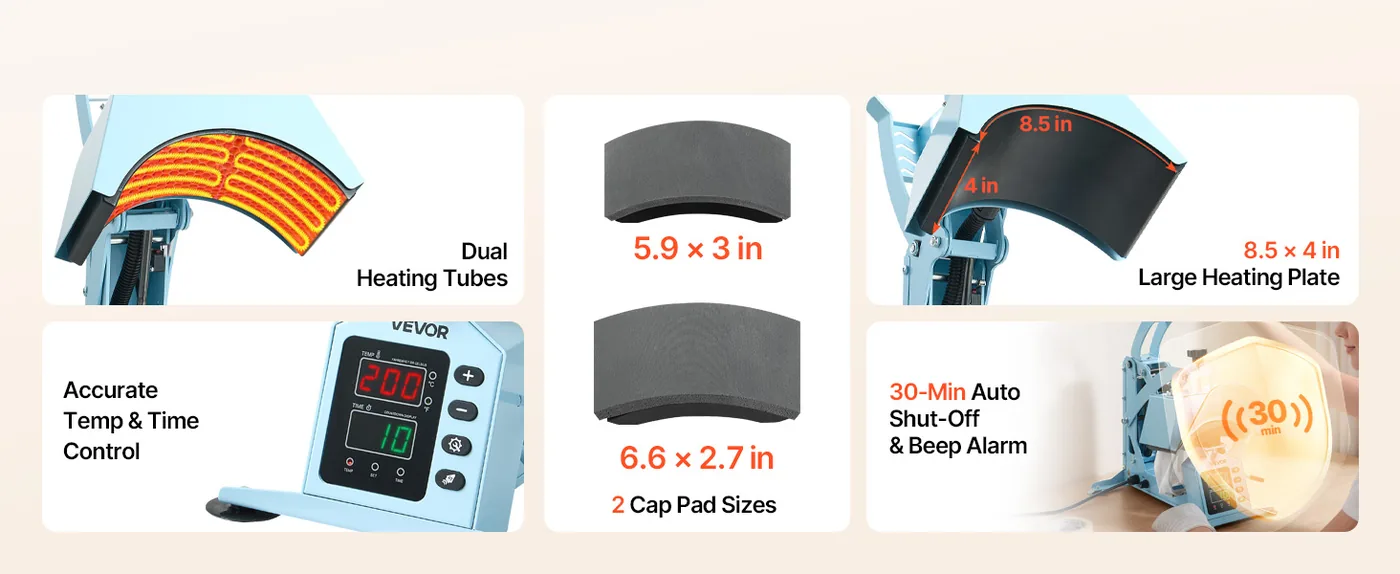 VEVOR Hat Heat Press Machine 2-in-1 Light Blue Key Features