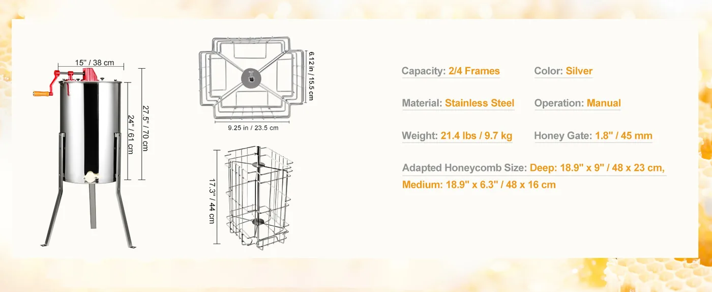 VEVOR Manual Honey Extractor 2/4 Frames 15 inch feature 1