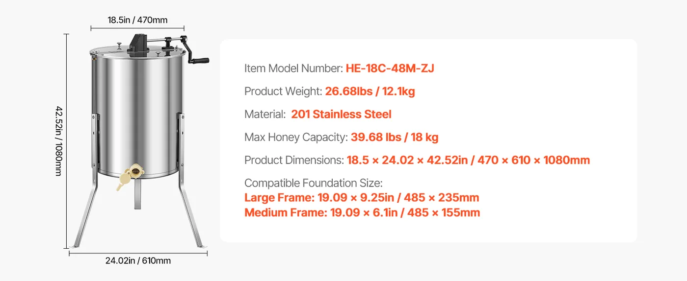 VEVOR Honey Extractor 4/8 Frames 18.5 inch feature 6