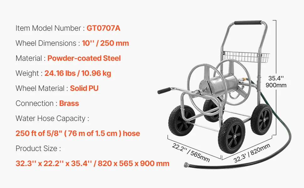 VEVOR Hose Reel Cart 250ft overview