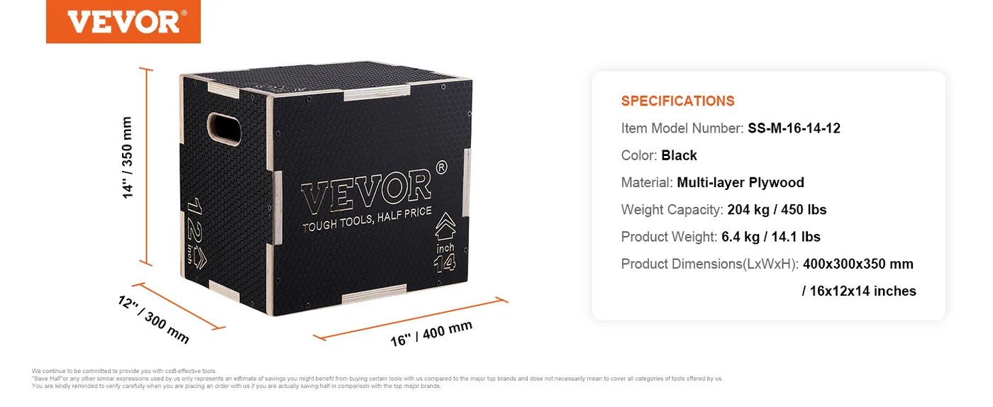 VEVOR 3 in 1 Plyometric Jump Box 16 x 14 x 12 inch Wooden Bo feature 5
