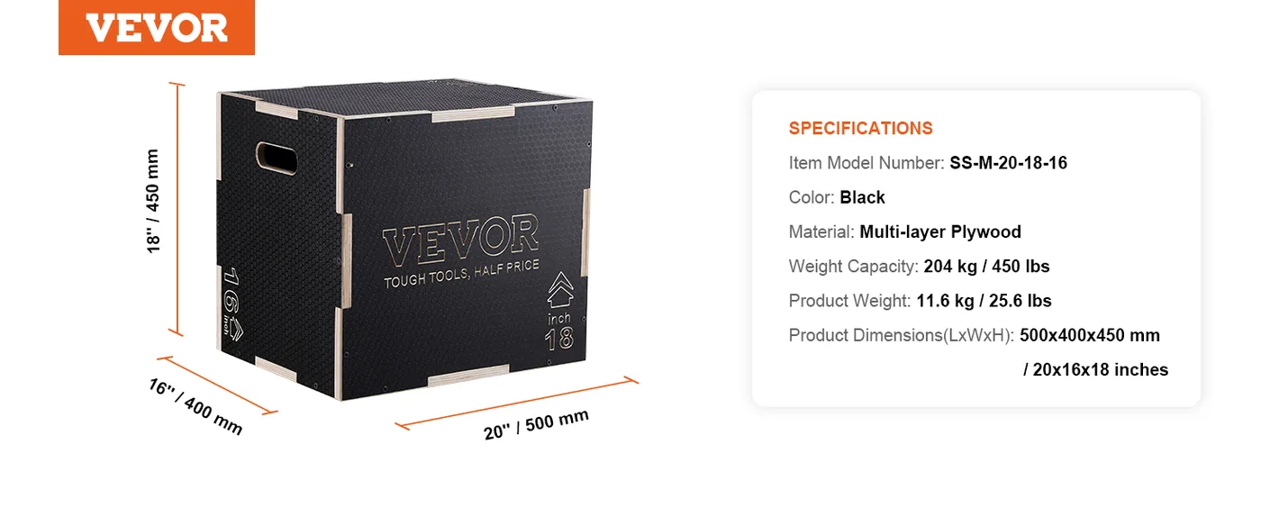 VEVOR 3 in 1 Plyometric Jump Box 20 x 18 x 16 inch Wooden Bo feature 4