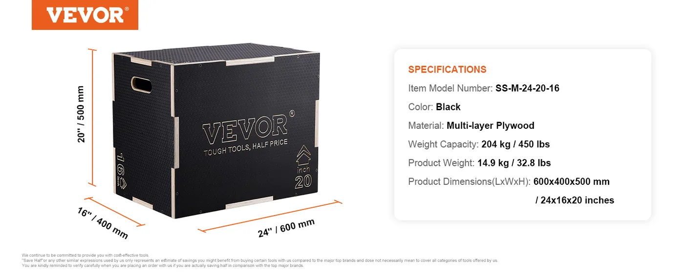 VEVOR 3 in 1 Plyometric Jump Box 24 x 20 x 16 inch Wooden Bo feature 4