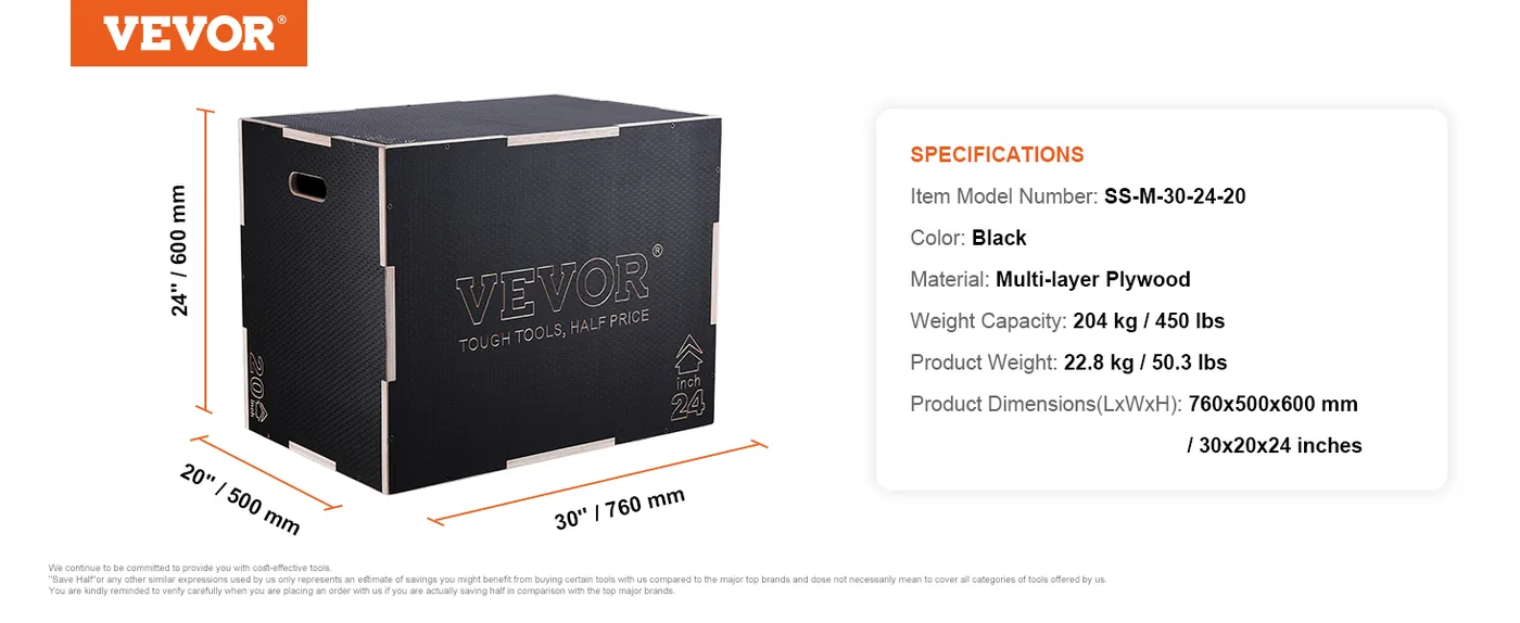 VEVOR 3 in 1 Plyometric Jump Box 30 x 24 x 20 inch Wooden Bo feature 5
