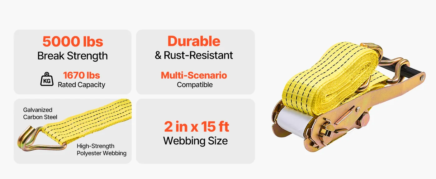 VEVOR Ratchet Straps 2" x 15' 6-Piece Set Enhanced Security