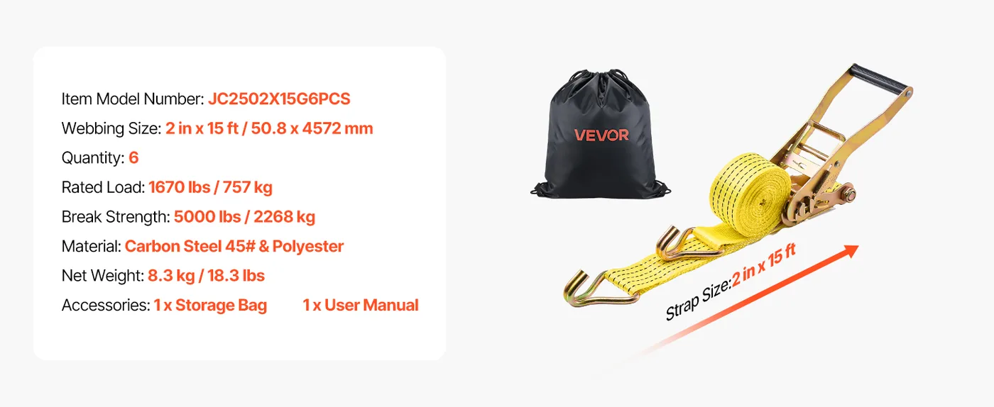 VEVOR Ratchet Straps 2" x 15' 6-Piece Set feature 1