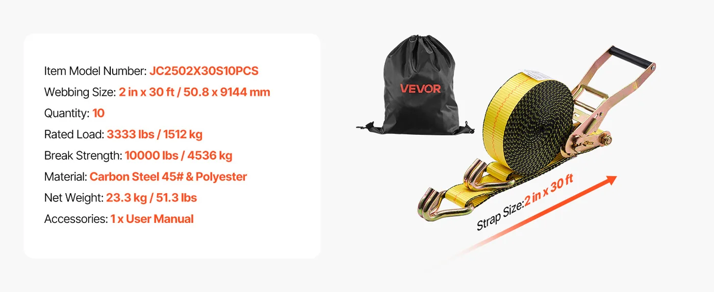 VEVOR Ratchet Straps 2" x 30' 10-piece Set feature 1