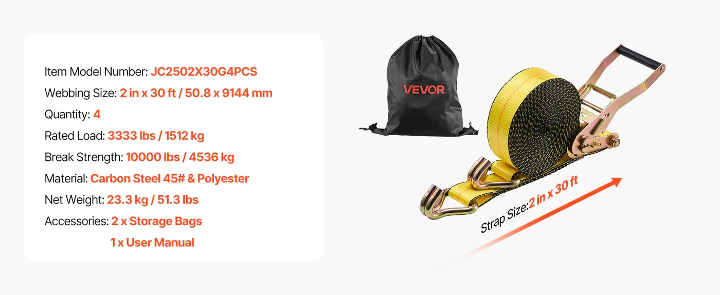 VEVOR Ratchet Straps 2" x 30' 4 Pcs-piece Set feature 1