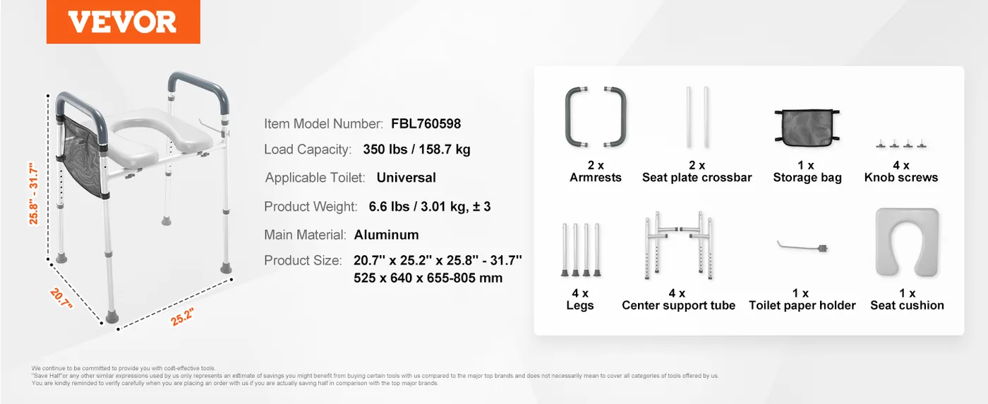 VEVOR Raised Toilet Seat 350 lbs Non-Adjustable Width Withou feature 5
