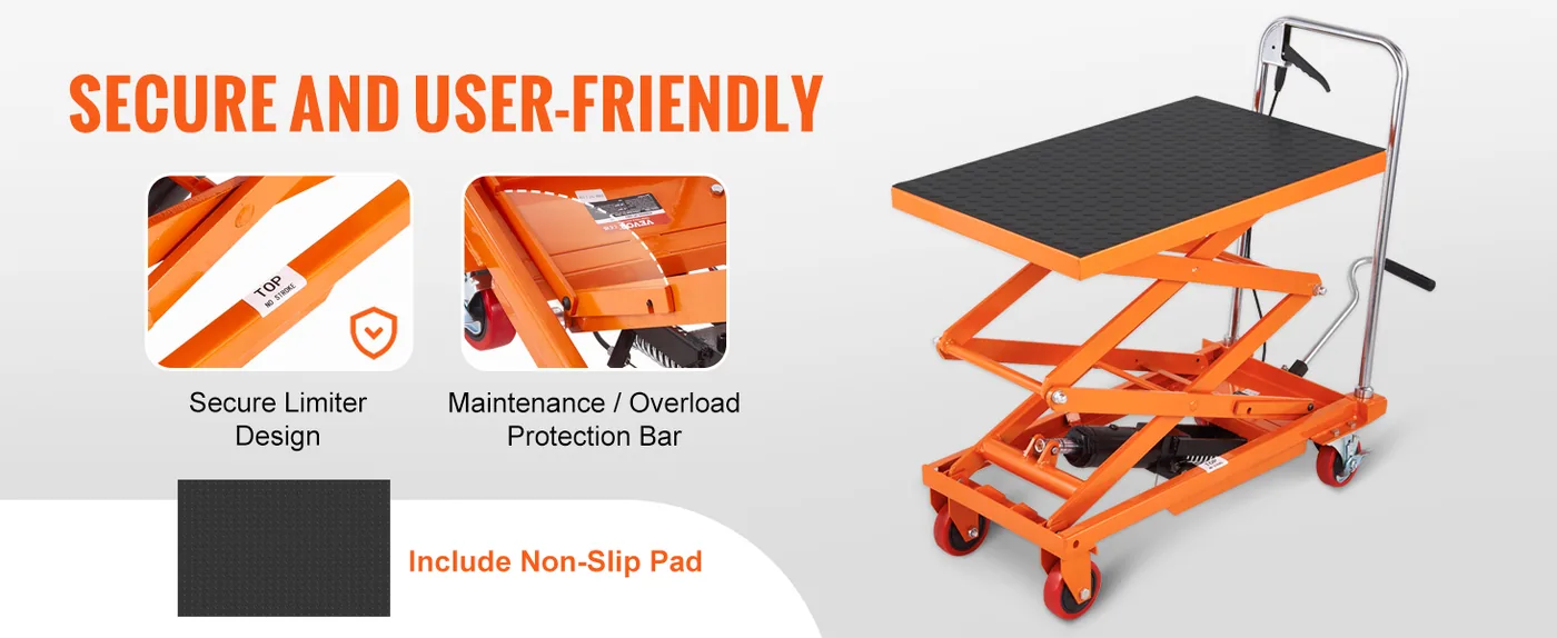 VEVOR Hydraulic Lift Table Cart Orange Double Scissor 330 lb feature 2