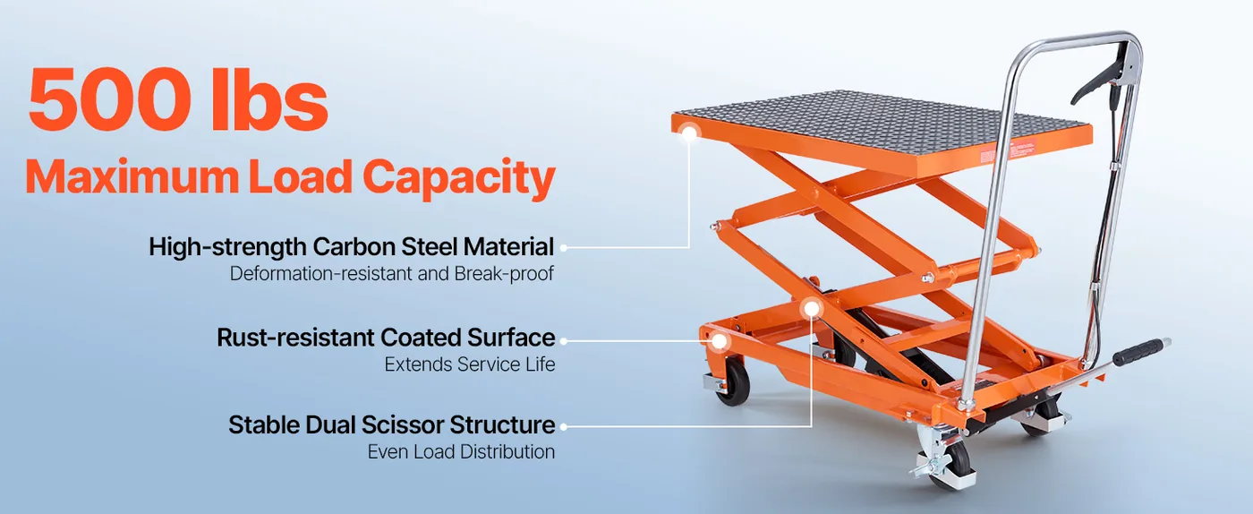 VEVOR Hydraulic Lift Table Orange Double Scissor 500 lbs Sturdy and Durable