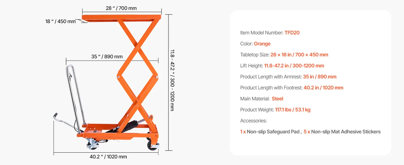 VEVOR Hydraulic Lift Table Orange Double Scissor 500 lbs feature 1
