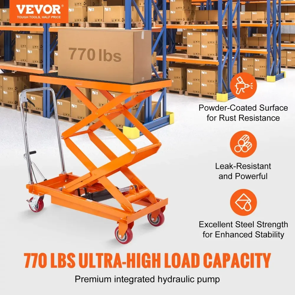 VEVOR Hydraulic Lift Table Cart Orange Double Scissor 770 lb product image 2