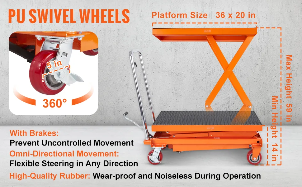 VEVOR Hydraulic Lift Table Cart Orange Double Scissor 770 lb overview