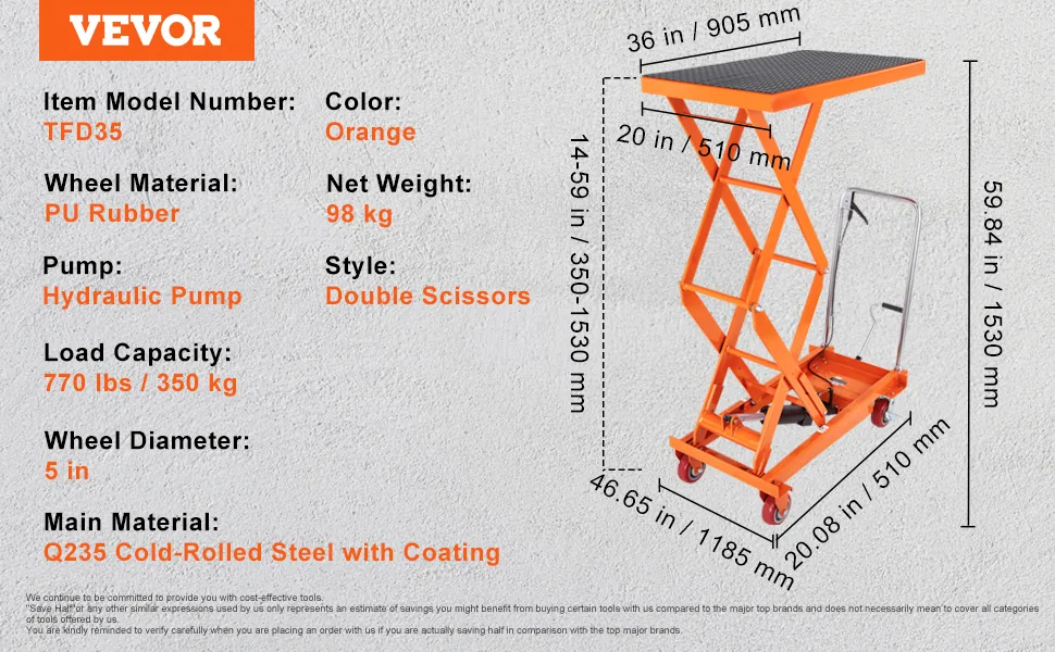 VEVOR Hydraulic Lift Table Cart Orange Double Scissor 770 lb feature 1