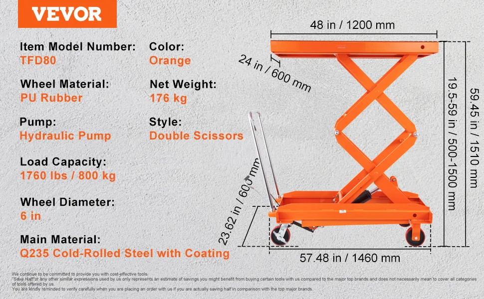 VEVOR Hydraulic Lift Table Cart Orange Double Scissor 1760 l feature 1