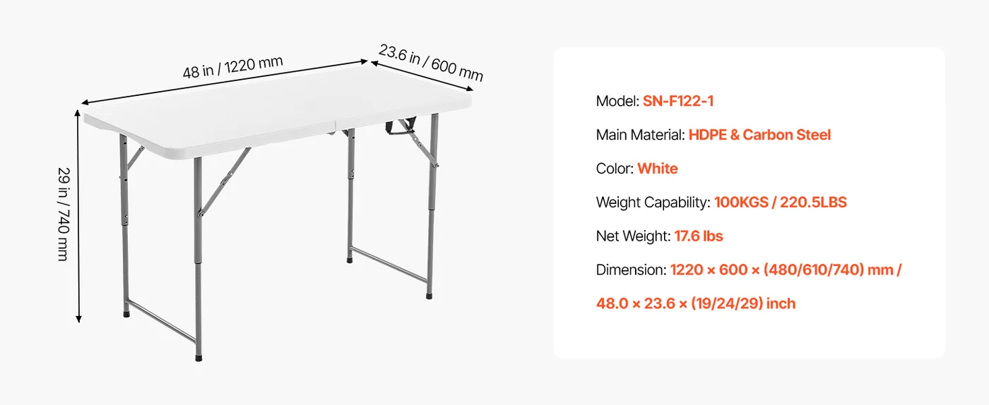 VEVOR Folding Table 4 ft White feature 1