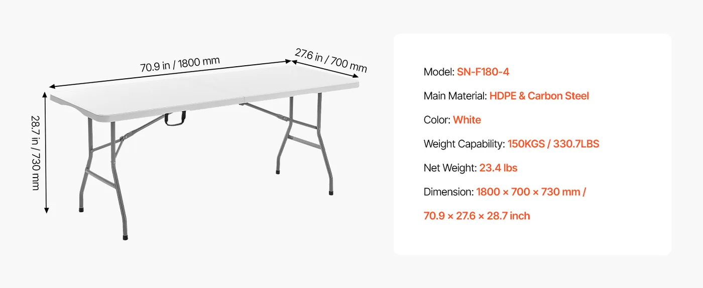 VEVOR Folding Table 6 ft White feature 1