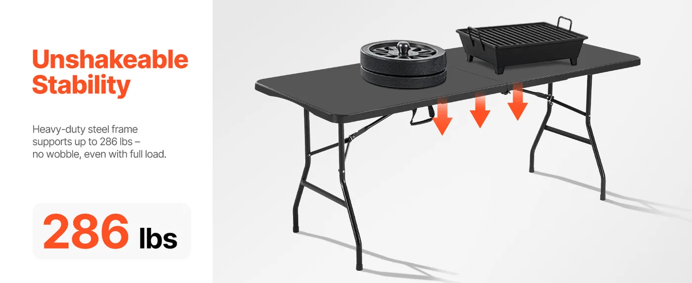 VEVOR Folding Table 6 ft Black High Stability